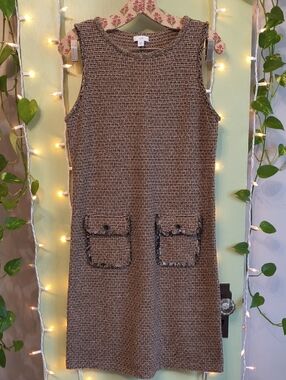 Women's J. Jill Black Tan Sleeveless Tweed Double Apron Pocket Dress XS